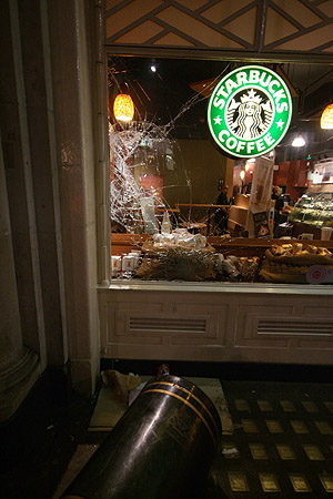 Petty damage to Starbucks.