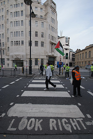 Portland Place. The protesters gather.
