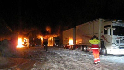 TRANSPORT TRUCKS TORCHED AT CHICKEN SLAUGHTERHOUSE (Norway)