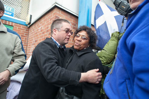 Each of the workers was greeted by convenor Kevin Nolan