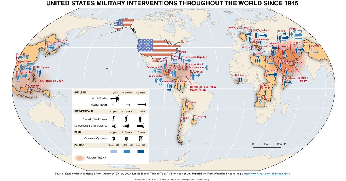 US military interventions throughout the world since 1945