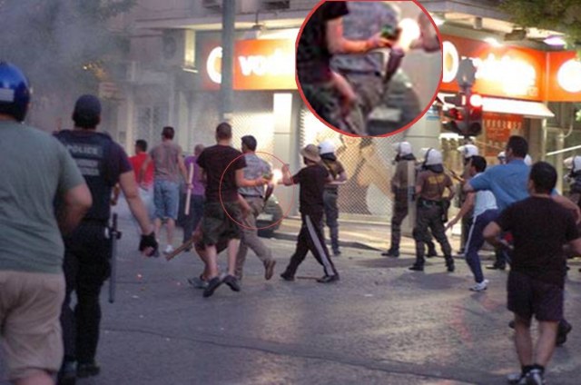 Fascists wielding molotov cocktail, collaborating with the cops