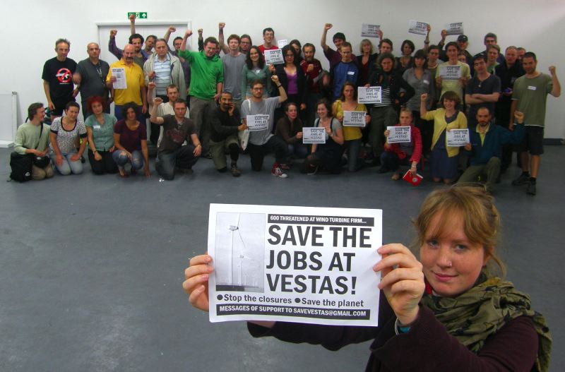 Climate Campers stand shoulder-to-shoulder in solidarity with the Vestas Workers