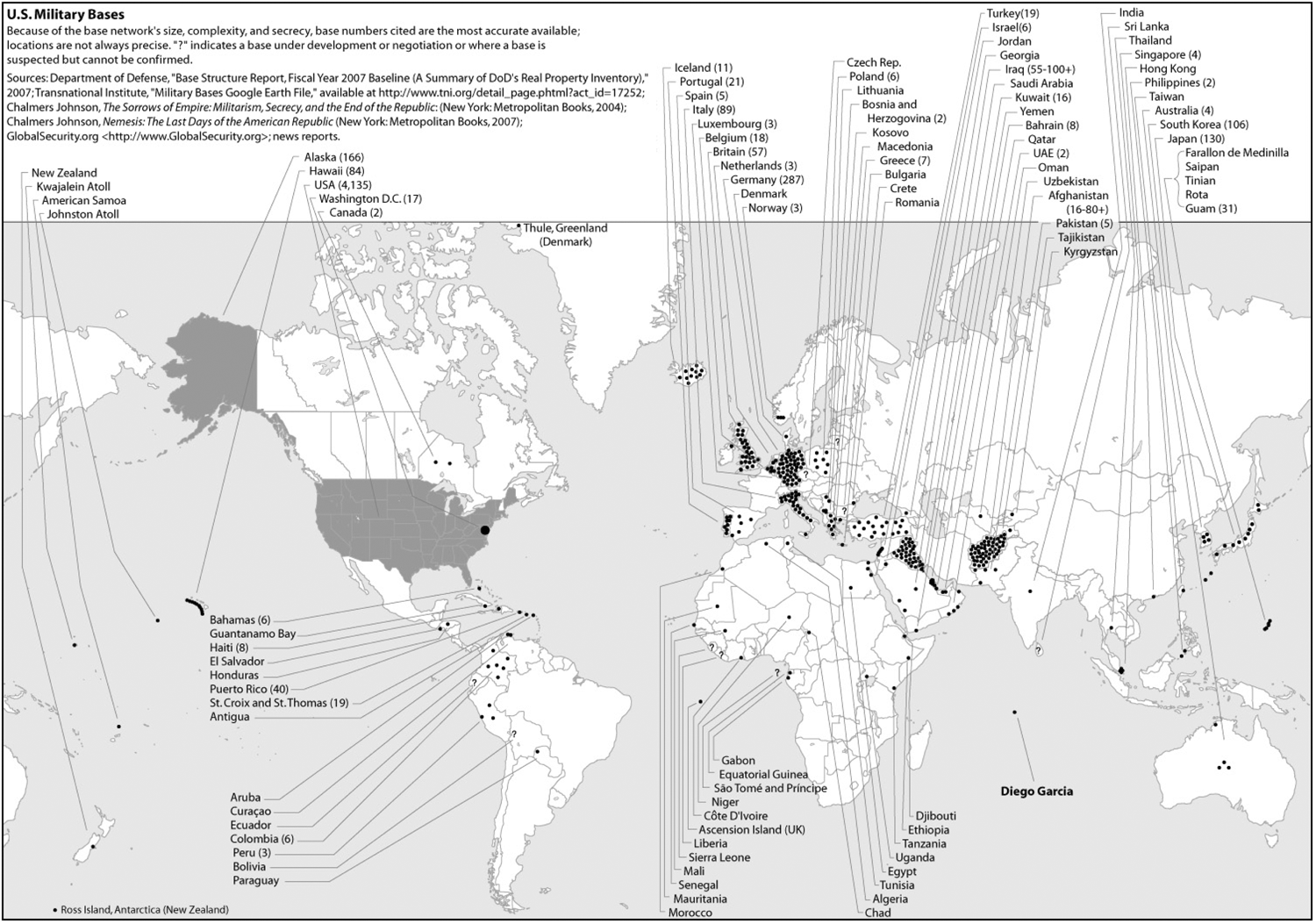 US military presence per country (2009) Map by David Vine
