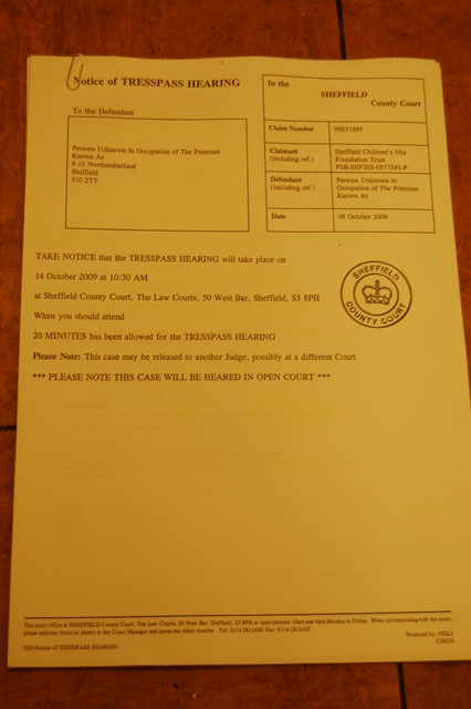 Front Page of trespass hearing notice