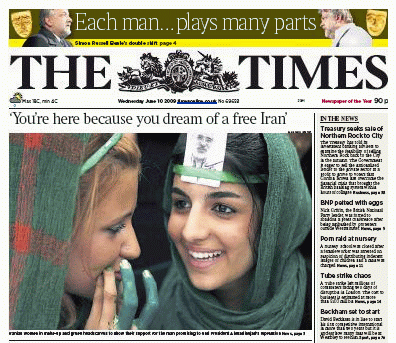 The Times' front page on the eve of June 2009 presidential elections in Iran