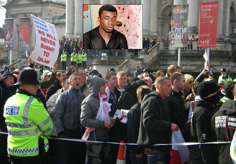 D1. EDL Jeering Mob Ignores Tate Britain's Chris Ofili [inset] Offering – Too Bl