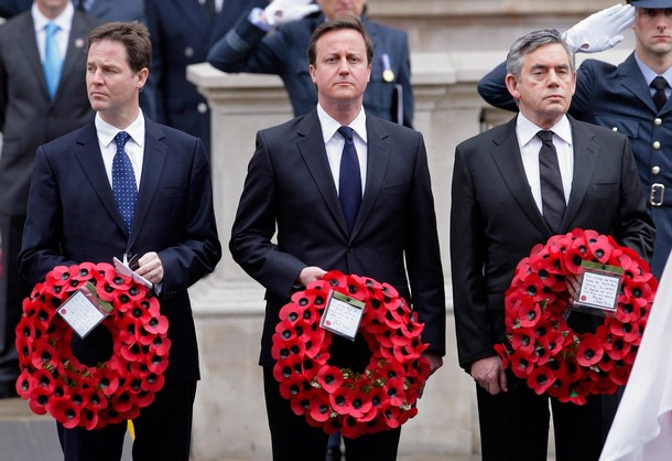 Clegg, Cameron and Brown marking the Victory in Europe Day, 8 May 2010