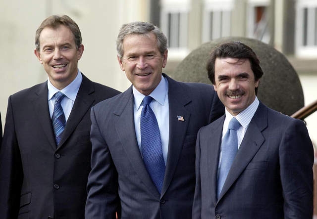 Blair, Bush and Aznar at the Azores Summit four days before invading Iraq (2003)