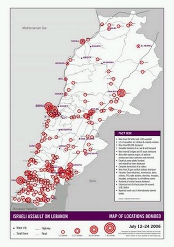 map of locations bombed by Israel during its war on Lebanon, 12-24 July 2006