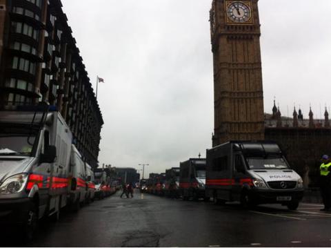 police lining up in Parliament Square for the students anti cuts demonstration