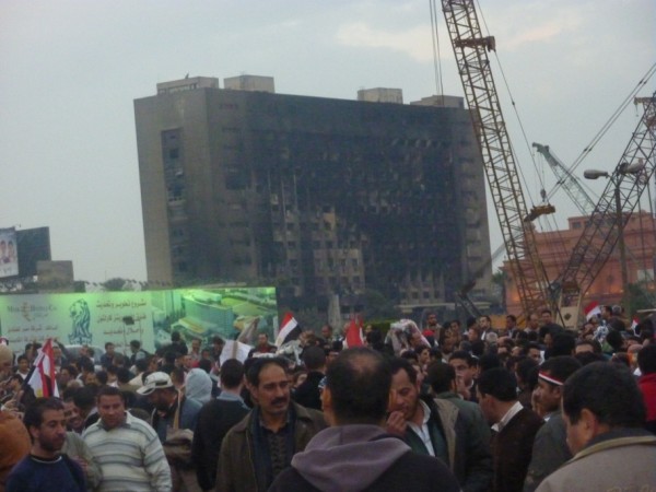 Burnt out government building overlooking Tahrir