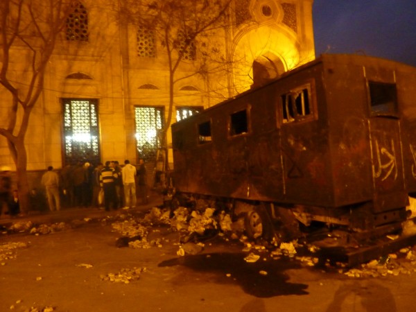 Burnt out vehicle being used as a defence - Tahrir