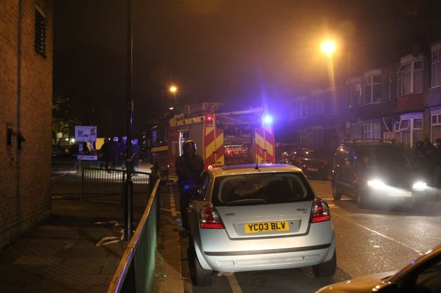 Fire services protected by police on Coylton Way, Edmonton, 07/08/11