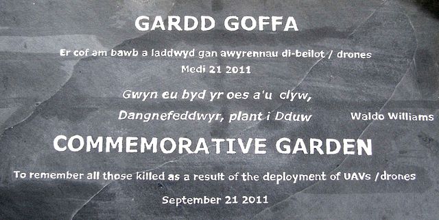 Plaque for commemorative garden dedicated to victims of drones