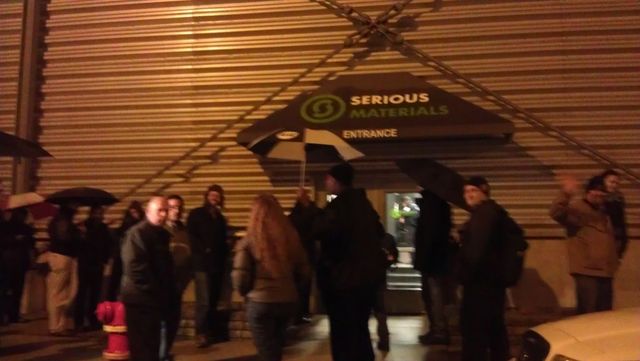 Workers and supporters rallying outside the factory last night