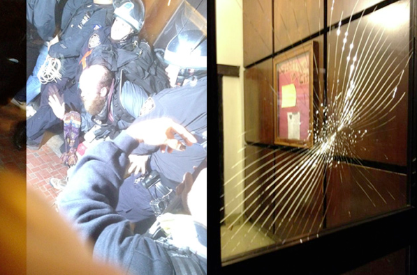 Window broken by cops with protester's head