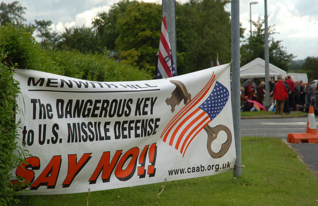 'Say No' CAAB banner outside Menwith Hill main gate