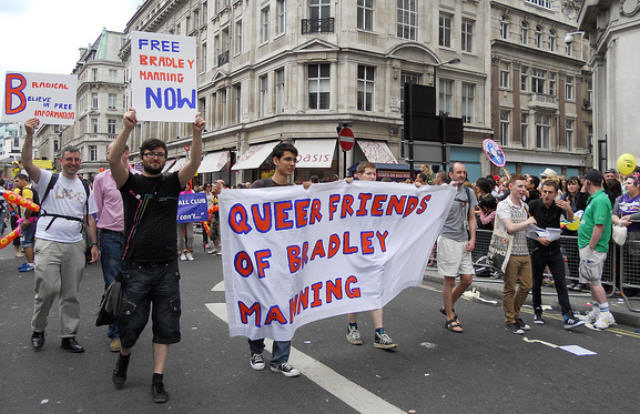 Queer Friends of Bradley Manning with banner at Pride London 2011