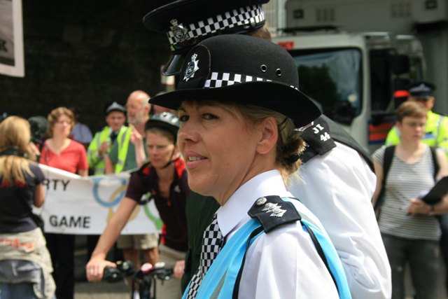 Sonia Davis, seen here chatting to a FIT cop on counter olympics demo