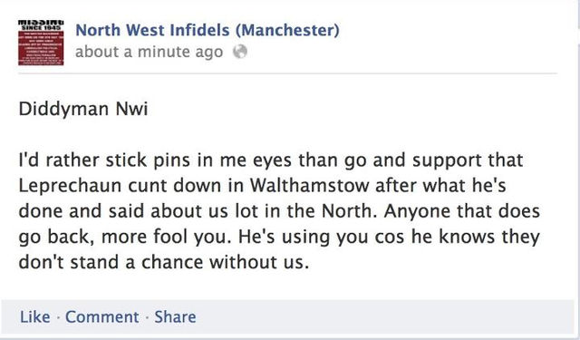 Influential ex-EDL Diddyman declines Tommy's invitation to Walthamstow