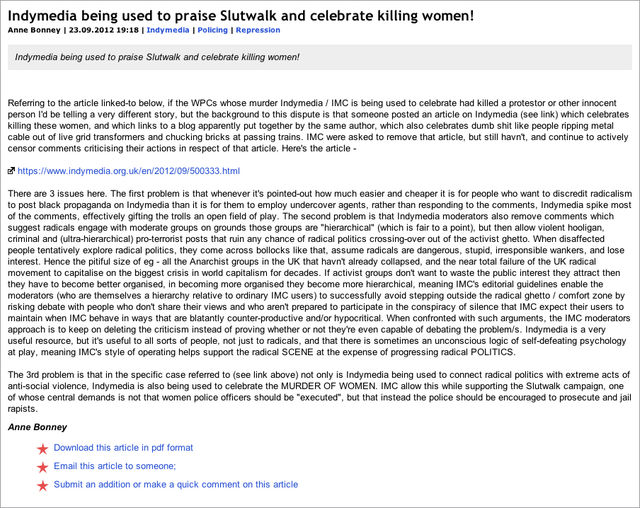 Indymedia being used to praise Slutwalk and celebrate KILLING WOMEN