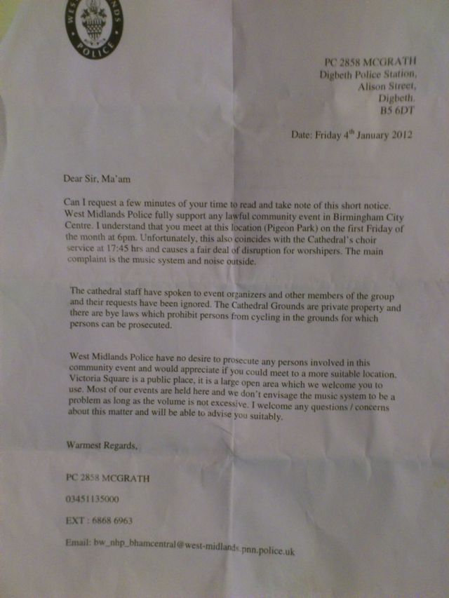PC 2858 McGrath's letter to Birmingham Critical Mass
