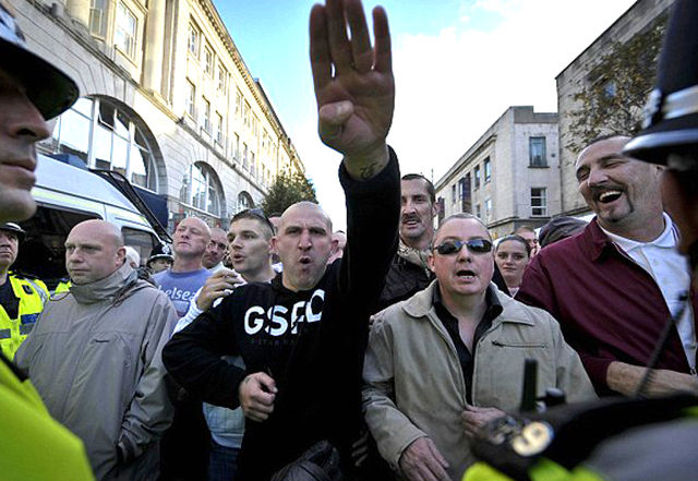 Powell brothers (right, with moustaches), Swansea demo, 17 Oct 2009