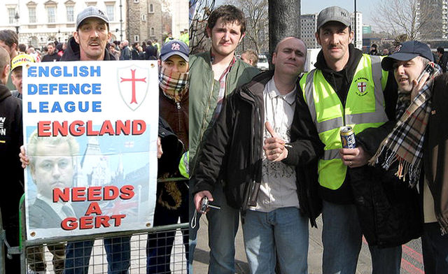 Bryan Powell (baseball cap) stewarding EDL demo, London, 5 March 2010 (2 photos)