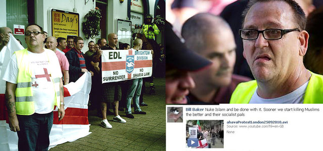March for England - (left) Bill Baker + EDL flag (right) Bill Baker hate speech
