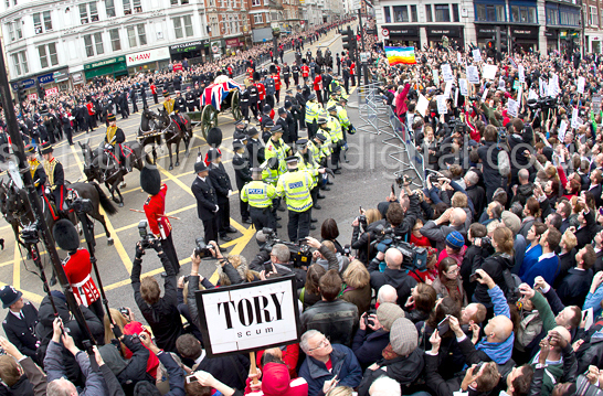 Margaret Thatcher's coffin passes protestors at Ludgate Circus