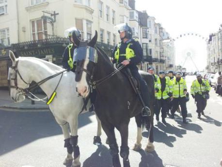 Mounted police in St James's Street, which is outside the official protest area.