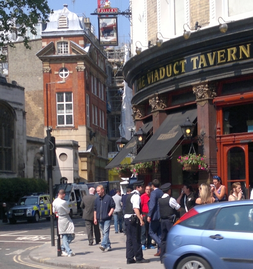 Group of EDL outside the Viaduct Tavern (plus 3 passers by - 2 in suits) 6/6/13