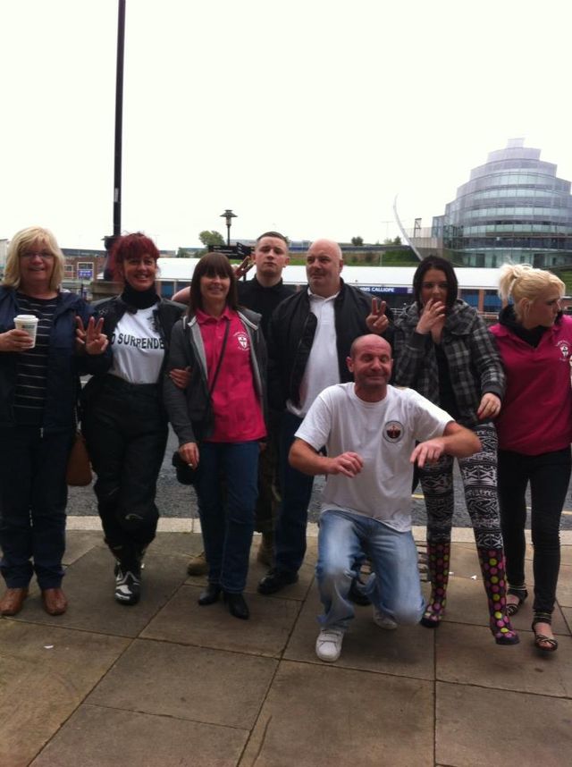 Cath Haley(left) with North East EDL members outside Crown Courts