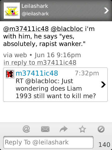 Death threat sent to me from liam O Brien via Leila Davey.