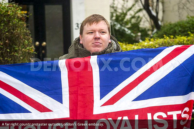 Chubby Nazi supporting Golden Dawn outside Greek Embassy