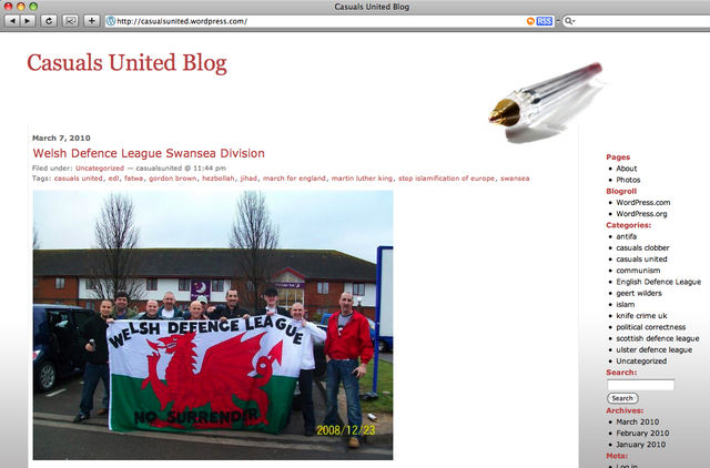 Casuals United blog promoting the Welsh Defence League (nb - Luke Pippen goatee