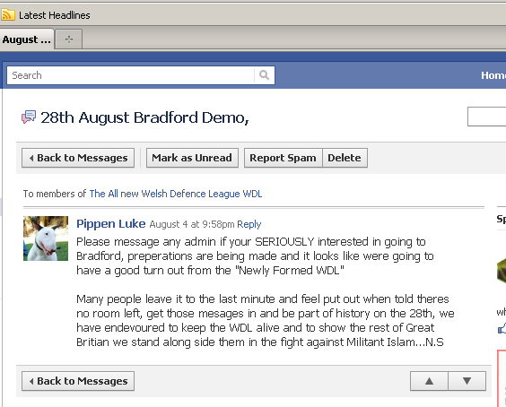 Luke Pippen touting for EDL demo on WDL Facebook