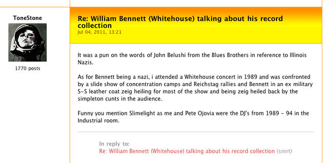 Eyewitness account of William Bennett (Cut Hands, Whitehouse) Sieg Heiling