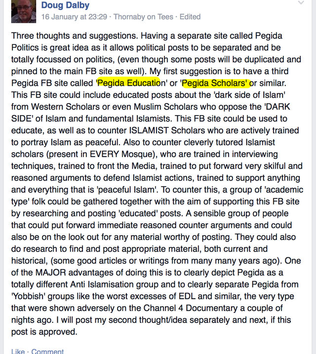 Pegida UK admin Doug Dalby discussing Pegida Scholars and Eduation sites