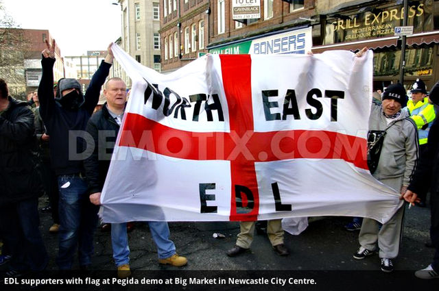 EDL flag at Pegida UK demo, Newcastle