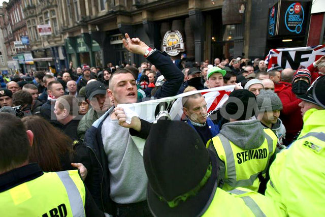 NF flag at Pegida UK demo, Newcastle