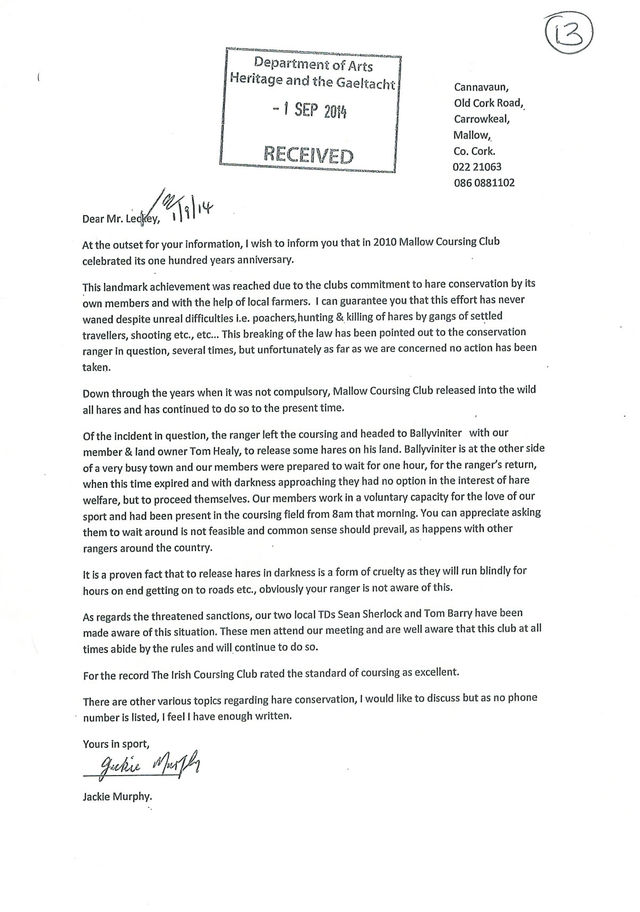 The controversial letter sent by Mallow Coursing Club to the Wildlife Service...