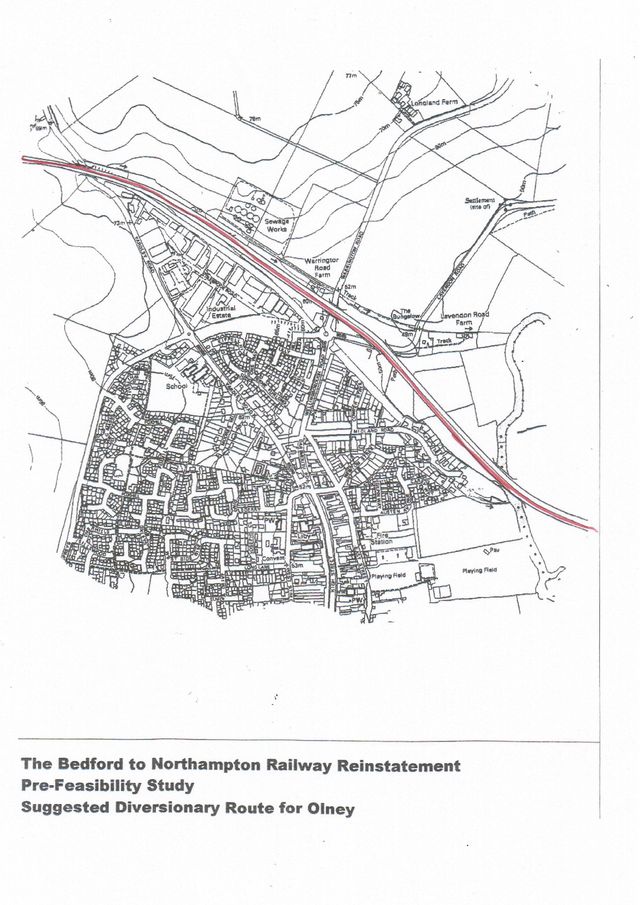 Map showing the Handley Rail alignment in red at Olney