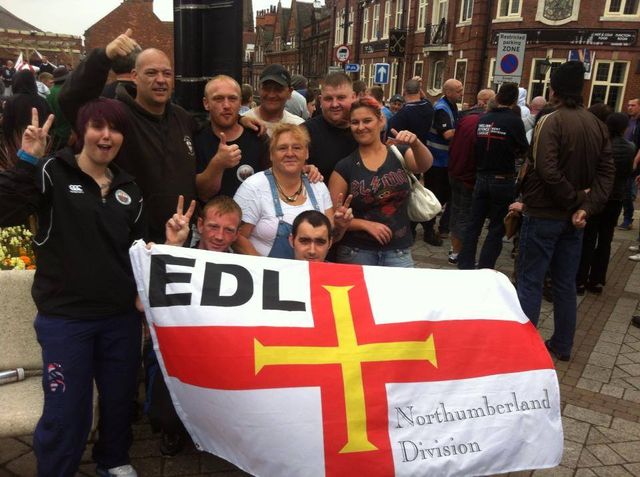 Shaun, Thomas and Melissa with EDL Northumberland division banner