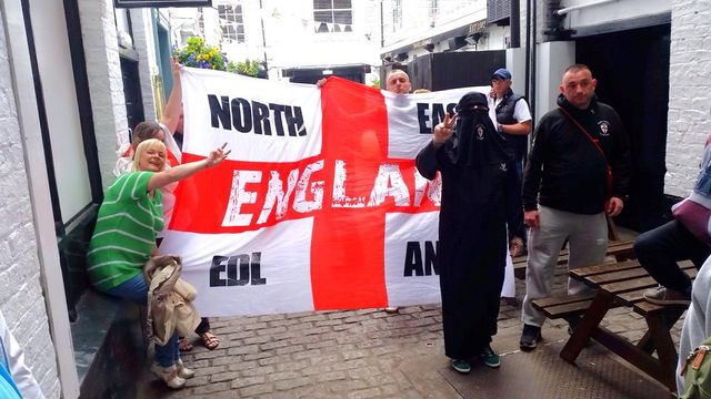 Andrew Doyle and EDL members near Pumphreys Bar