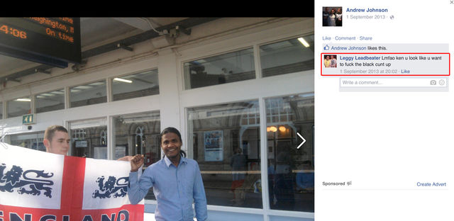 Andrew D Johnson friend talk/joke about beating a 'black cunt' up.