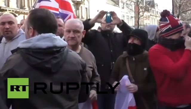 Claire Reah at Pegida demo, that mask isn't going cover your identity anymore