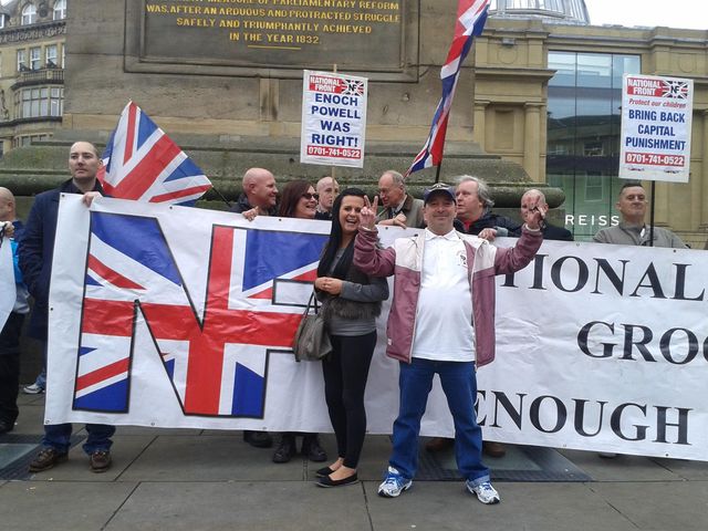 Harry Fisken at NF demo, monument - newcastle