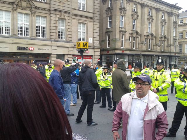 Harry Fisken at NF demo, monument - newcastle